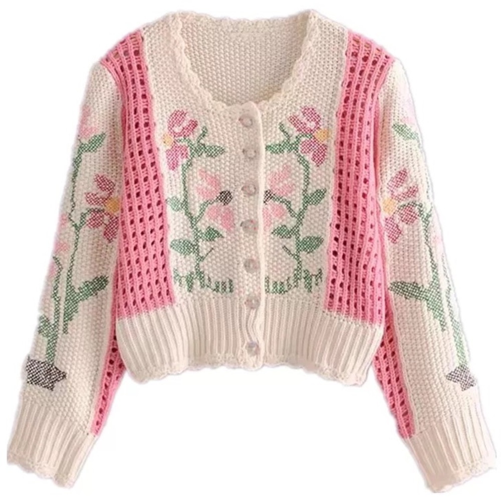 Floral cardigan pink sweater crochet style look knit cream beige
